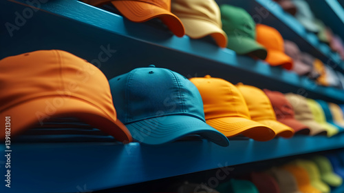 Colorful baseball caps on shelves, store display