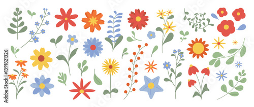 Collection of spring colorful flower elements vector. Set floral of wildflower, leaf branch, foliage on white background. Hand drawn blossom illustration for decor, easter, thanksgiving, clipart.