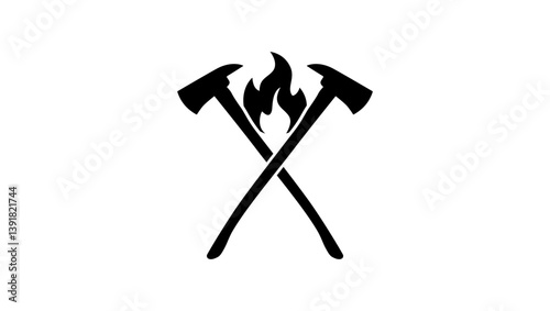Crossed Fireman Axes, black isolated silhouette