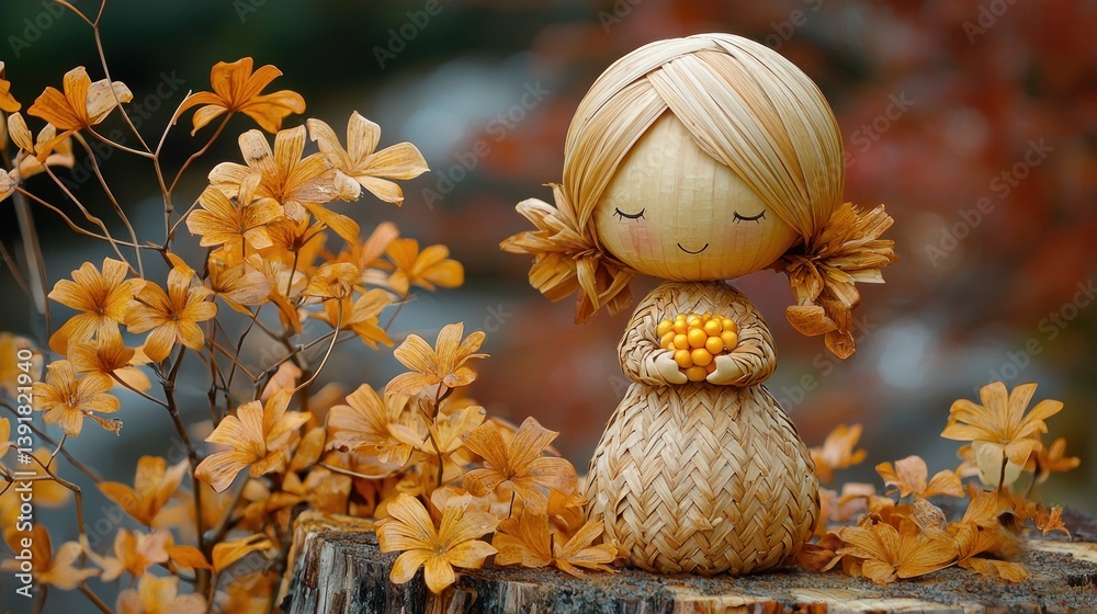 Fototapeta premium Autumnal straw doll amongst fall foliage