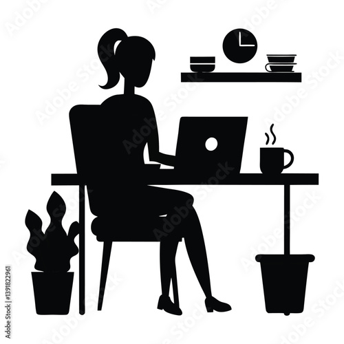 Silhouette of a woman working on a laptop at a table, with two plant tops on the floor, a wall-mounted clock, and showpieces creating a cozy workspace scene.