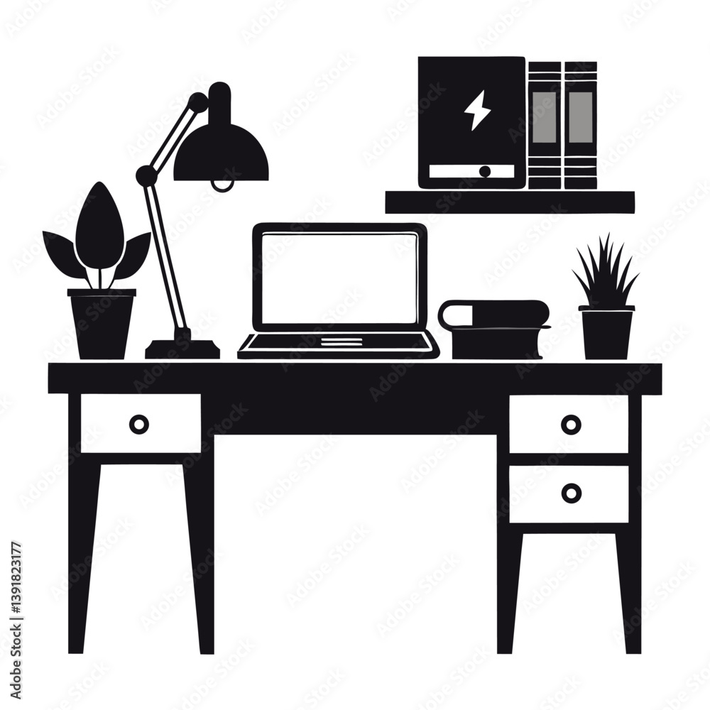 Vector illustration of a stylish workspace featuring a laptop, table lamp, books, and two beautiful flowerpots on a desk with multiple drawers. Wall showpieces add a decorative touch.