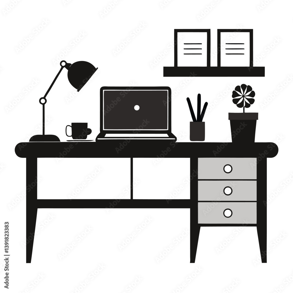 Vector illustration of a stylish workspace featuring a laptop, table lamp, coffee cup, pen stand with pens, and a flowerpot on a desk with multiple drawers. Wall showpieces add a decorative touch.
Vector illustration of a stylish workspace featuring a laptop, table lamp, coffee cup, pen stand with pens, and a flowerpot on a desk with multiple drawers. Wall showpieces add a decorative touch.