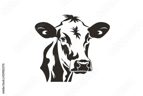 Black and white illustration of a cow's face, stylized in a minimalist design.