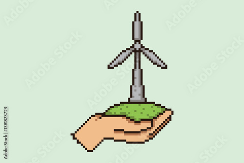 Wind Turbine in Hand Pixel Art Earth Day Awareness Concept Illustration