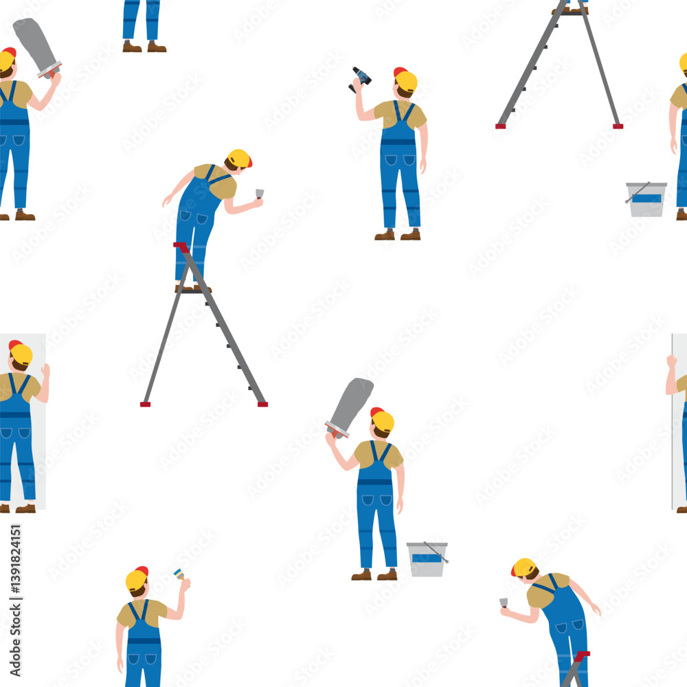 Seamless pattern construction workers uniforms repair on construction site Seamless pattern construction workers uniforms repair on construction site