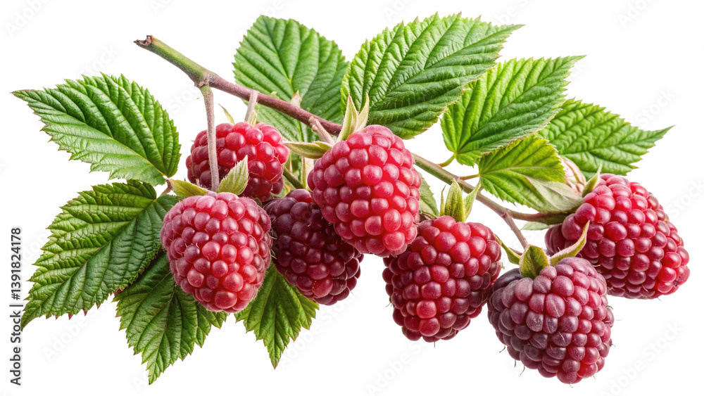 A branch of ripe red raspberries with lush green leaves isolated on Trensprent Background fresh juicy summer berries healthy food A branch of ripe red raspberries with lush green leaves isolated on Trensprent Background fresh juicy summer berries healthy food