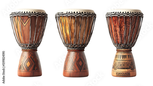 Pack of Djembe Drum set of Three Different Poses set Against Transparent Background for Music Promotion, Cultural Events, or Instrument Branding Projects photo