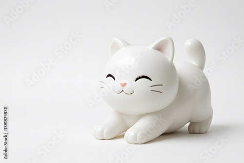 A cute white cat art toy made of glossy plastic, posed in a playful stretching position with its tail curled upward and front paws extended.