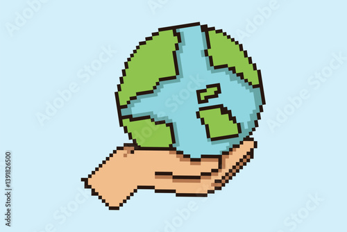 Earth in Hand Pixel Art Earth Day Awareness Concept Illustration