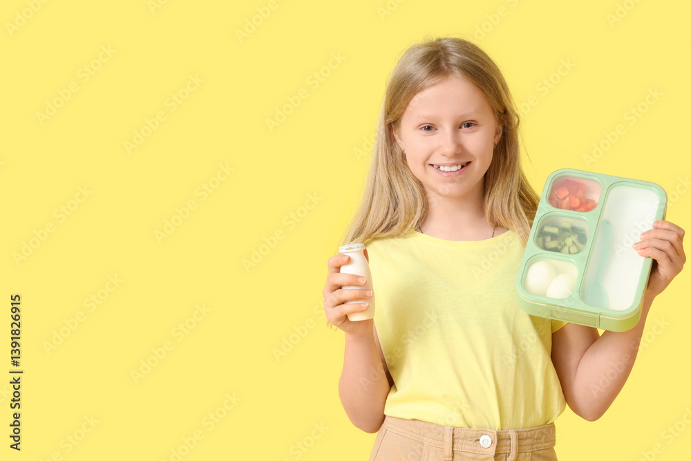 Happy girl with school lunchbox and drink on yellow background Happy girl with school lunchbox and drink on yellow background