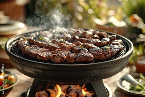 Barbecue grill with smoke and cooked meat on a wooden table