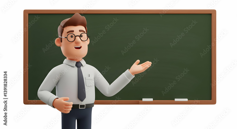 Animated Teacher Figure Presenting Near a Chalkboard, Education Concept Animated Teacher Figure Presenting Near a Chalkboard, Education Concept