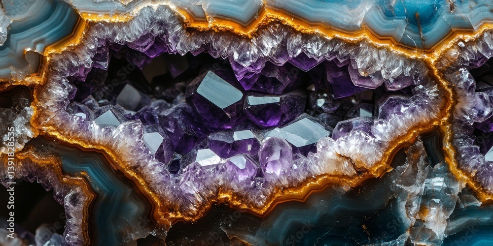 Obraz premium Deep Purple And White Amethyst Geode In Teal And Silver Marble Texture, Luxury Crystal Background
