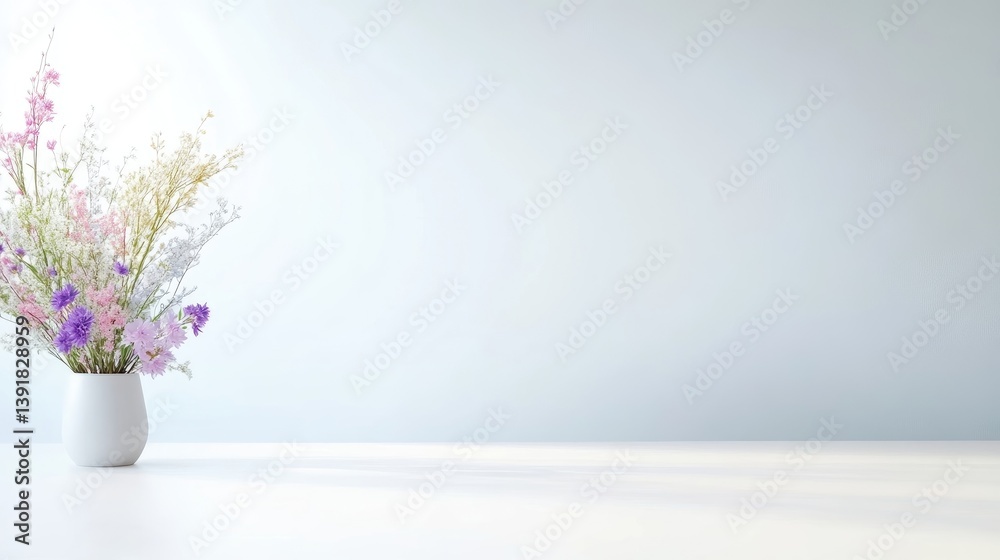 A minimalist arrangement of pastel flowers in a white vase on a white surface A minimalist arrangement of pastel flowers in a white vase on a white surface