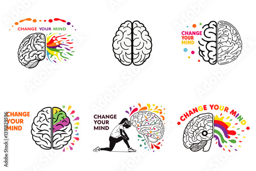 A collection of vibrant and creative illustrations featuring colorful brain designs with the phrase 