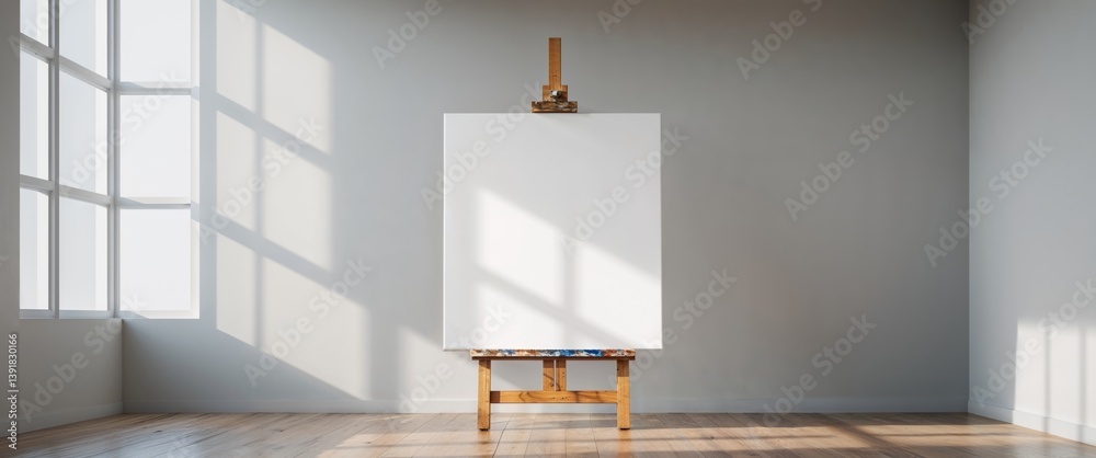 Blank Canvas On Wooden Easel In Modern Studio