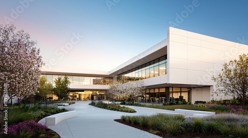 A modern 3D office building with a courtyard  soft dawn light  offset left with copy space on the right  inviting advertising look