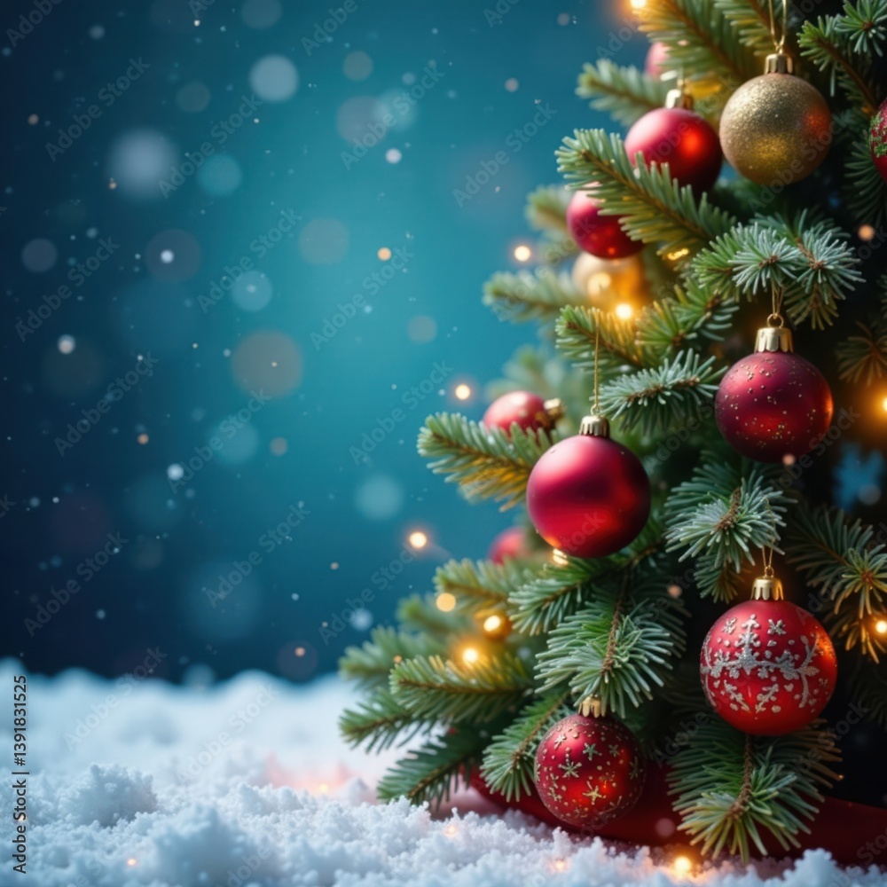 Christmas tree with ornaments and lights against a snowy background , ornament, winter Christmas tree with ornaments and lights against a snowy background , ornament, winter