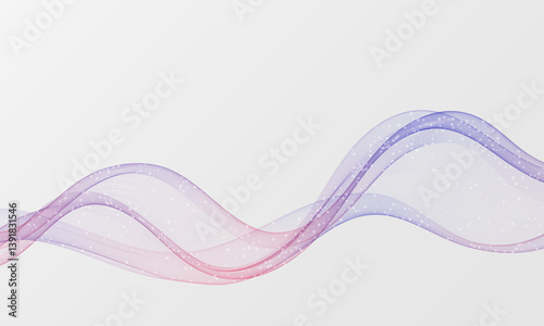 Abstract wavy lines in shades of blue and pink gracefully flow across a light gray background, adorned with subtle white dots.