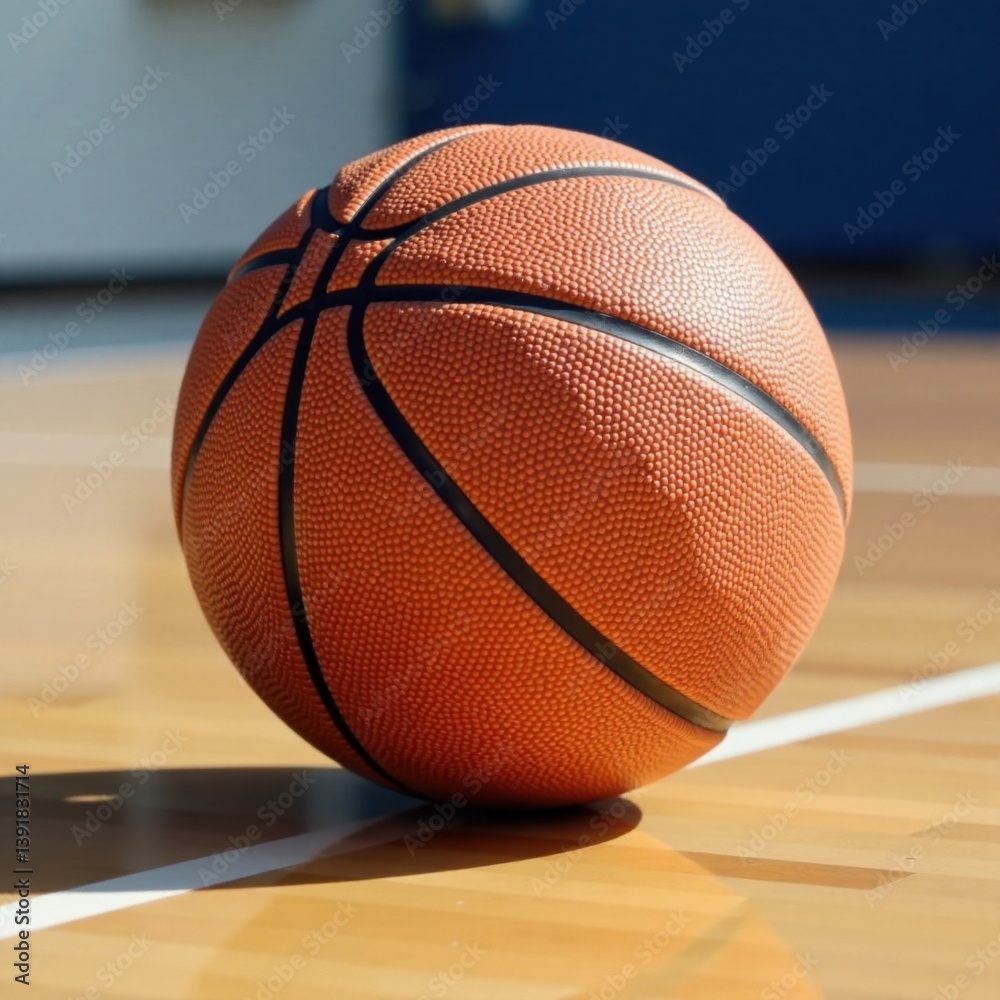 Obraz premium Close-up of hardwood maple basketball in mid-air motion, spin, sport, focus