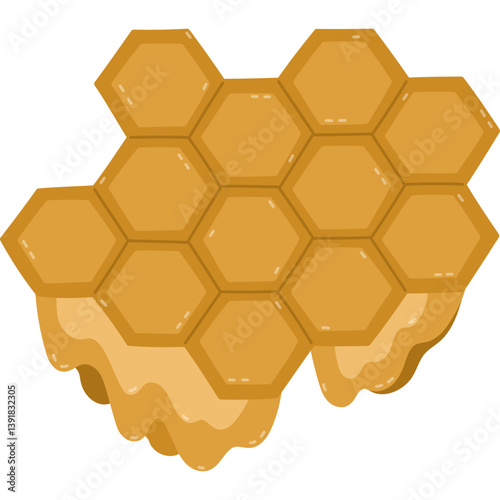 Lovely cartoon honeycomb with dripping honey. Childish hand drawn hexagonal grid cells isolated on white background. Flat vector coloruful concept of beekeeping, honey bee, sweet heathy food.