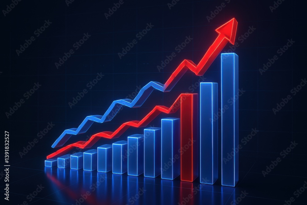 3D glowing red and blue bar graph with rising arrow on dark background, symbolizing financial growth, business competition, success, and data analytics 3D glowing red and blue bar graph with rising arrow on dark background, symbolizing financial growth, business competition, success, and data analytics