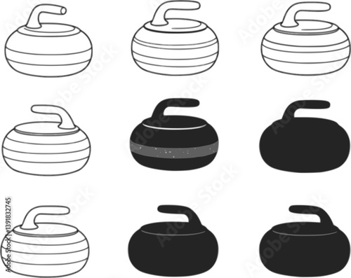 set of Curling Rock or Stone Clipart Set - Outline, Silhouette & Color
