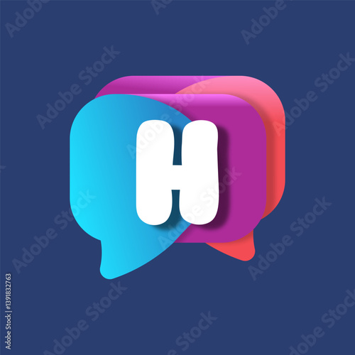 Letter H chat app logo at colorful watercolor splash background. Color multiply style. Bubble speech vector typeface for labels, headlines, posters, cards etc.