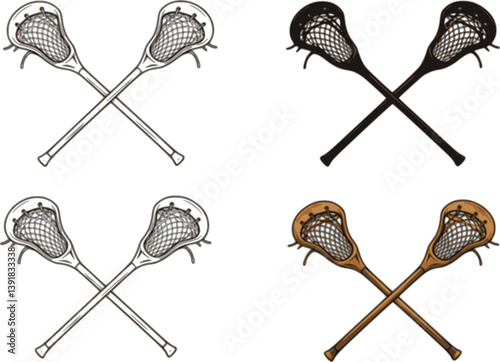 set of Crossed Lacrosse Stick with Mesh Clipart Set - Outline, Silhouette and Color

