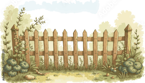 Rustic Wooden Picket Fence in Sunlit Whimsical Garden Scene with Copy Space