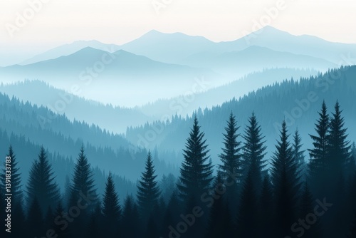 Misty mountain range with dense forest
