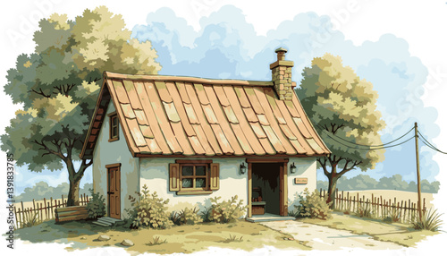 Charming Whitewashed Cottage with Thatched Roof in Idyllic Rural Setting
