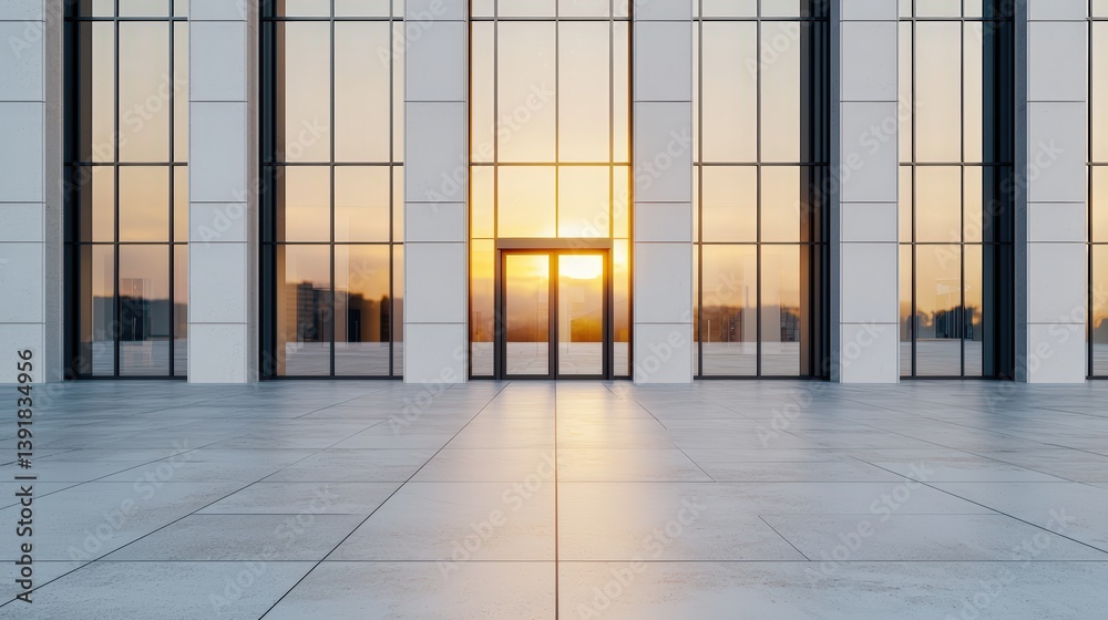 A modern 3D office building with a plaza, golden hour light, centered with copy space above, inviting advertising aesthetic A modern 3D office building with a plaza, golden hour light, centered with copy space above, inviting advertising aesthetic