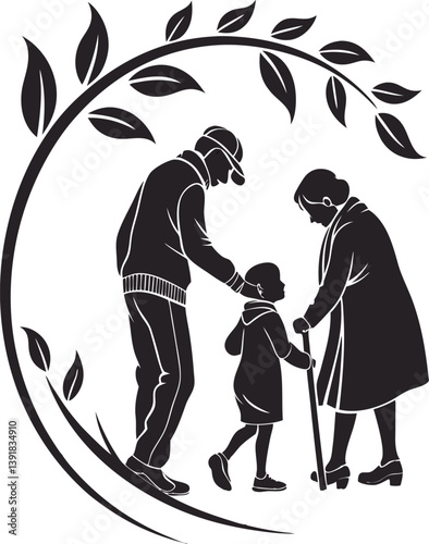 Silhouette of Three Generations Walking Together in a Peaceful Scene