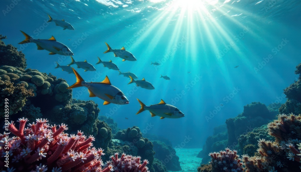 School of fish swimming in ocean, fish, sea School of fish swimming in ocean, fish, sea