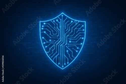Abstract shield made of glowing circuit lines protecting digital data, futuristic blue background