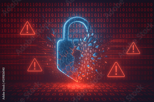 Digital lock icon shattering from a cyber attack, surrounded by warning signs and red binary code