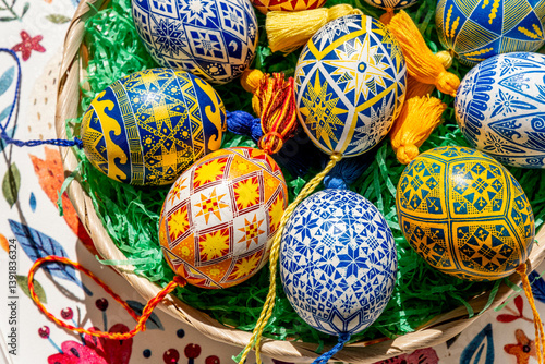 Explore traditional Ukrainian pysanky featuring intricate folk patterns in a vibrant Easter basket filled with colorful Easter eggs representing the beauty of this cultural art form