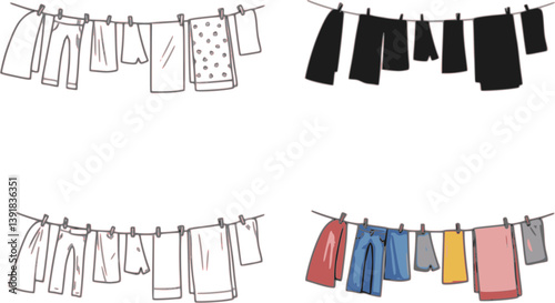 set of Clothes Line or Clothing Hanging on a Laundry Line Clipart - Outline, Silhouette & Color

