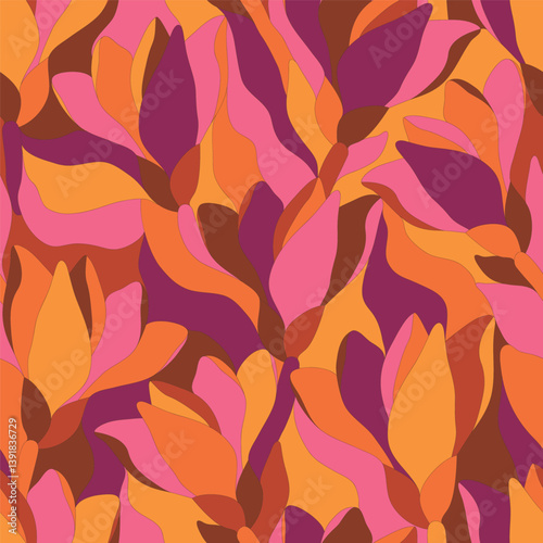 Artistic botanical vector background. Decorative seamless pattern with abstract shapes of leaves and herbs. Artisanal allover print in style of stained glass, for fabric, textile, paper, package