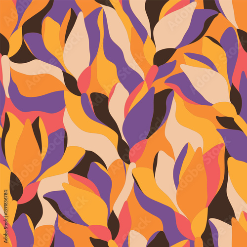 Artistic botanical vector background. Decorative seamless pattern with abstract shapes of leaves and herbs. Artisanal allover print in style of stained glass, for fabric, textile, paper, package