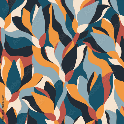 Artistic botanical vector background. Decorative seamless pattern with abstract shapes of leaves and herbs. Artisanal allover print in style of stained glass, for fabric, textile, paper, package