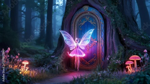 A fairytale forest, in the center there is a tree trunk, in which a bright blue magic door with patterns and a glowing ornament is built. Swirling glowing vortices are visible behind the door. A glowi