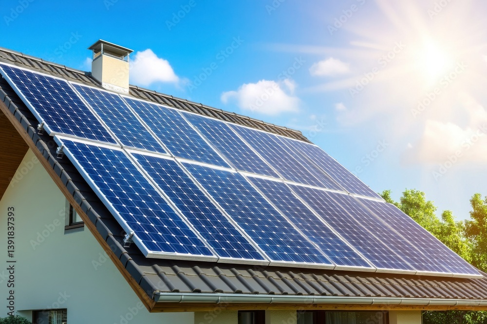 custom made wallpaper toronto digitalA house equipped with solar panels under a bright sky, Solar-powered homes lead the energy revolution - photovoltaic panels deliver efficient alternative power while reducing environmental impact