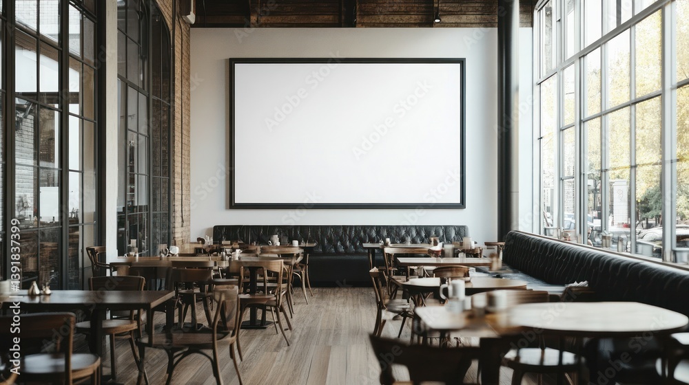 Empty cafe interior with large blank poster (1) Empty cafe interior with large blank poster (1)