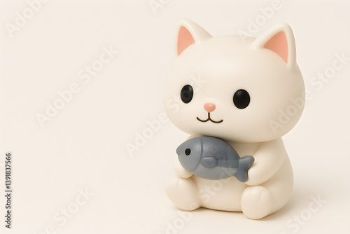 A cute white cat toy holding a small gray fish, designed in a minimalist and kawaii art style. The toy has large round black eyes, a small pink nose, and soft tiger-like stripes.