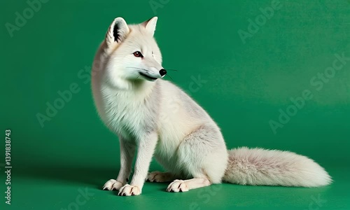green screen video frame of arctic fox gently moving its head from side to side with soft white fur in motion