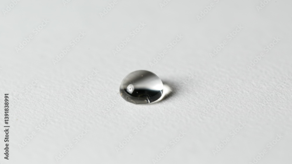 A single water droplet rests on a pristine white surface, showcasing clarity. A single water droplet rests on a pristine white surface, showcasing clarity.