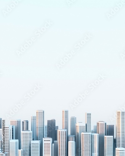 A minimalist illustration showcases a modern city skyline at sunrise with pastel-colored buildings under a pale sky.